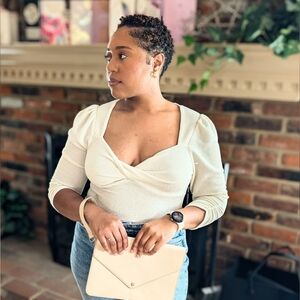 Cream Textured Puff Sleeve Sweetheart Neckline Bodysuit – Size XL